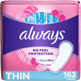 Always Thin Daily Panty Liners for Women, Light Absorbency, Unscented, 162 Count (Packaging May Vary)