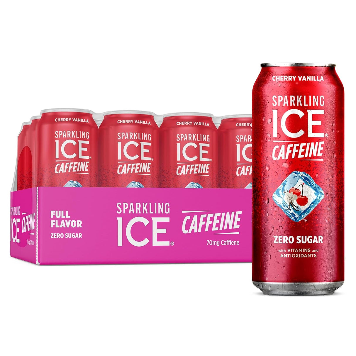 Sparkling Ice Caffeine Black Raspberry Sparkling Water with Caffeine, Zero Sugar, with Antioxidants and Vitamins,16 Fl Oz Cans (Pack of 12)