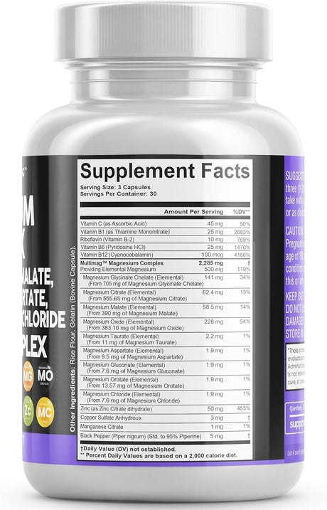 Magnesium Complex 2285Mg with Magnesium Glycinate Citrate Malate Oxide Taurate Aspartate Gluconate Orotate & Mag Chloride, Zinc Copper Manganese & Vitamin C B1 B2 B6 B12 Complex - 90 Count - Supply Center USA