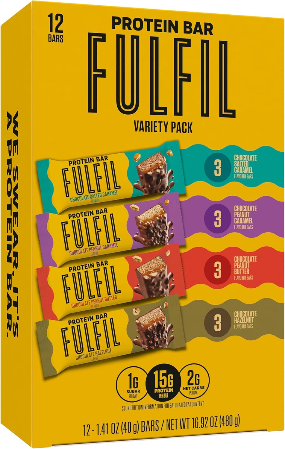 FULFIL Protein Snack Bars, NEW Recipe Chocolate Salted Caramel, 15G Protein, Pantry Staples, 12 Count, Packaging May Vary