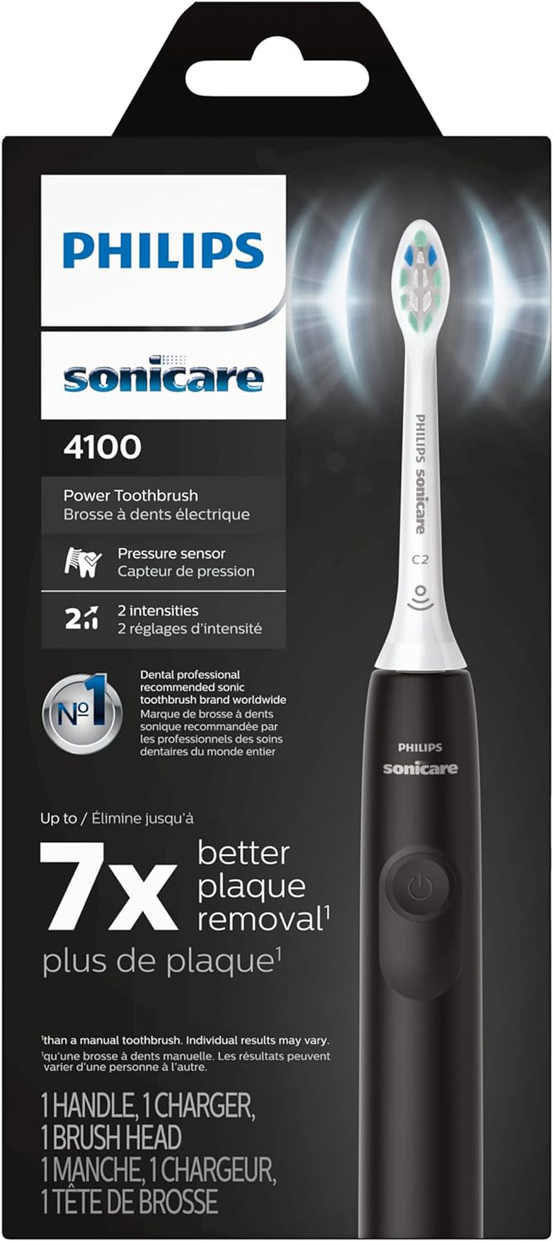 Philips Sonicare 4100 Rechargeable Electric Toothbrush, with Pressure Sensor, 2 Intensity Settings, Smartimer and Quadpacer, 14-Day Battery Life, Black, Model HX3681/24