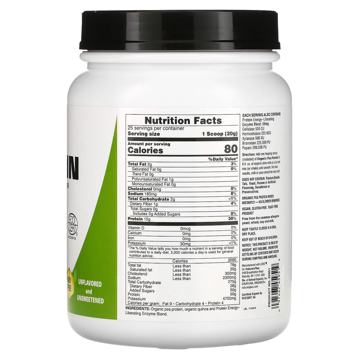 NaturesPlus, Organic Pea Protein Powder, 1.1 lbs (500 g) - Supply Center USA