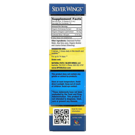 Natural Path Silver Wings, Colloidal Silver, Herbal Tincture Spray, 150 PPM, 1 fl oz (30 ml) - Supply Center USA