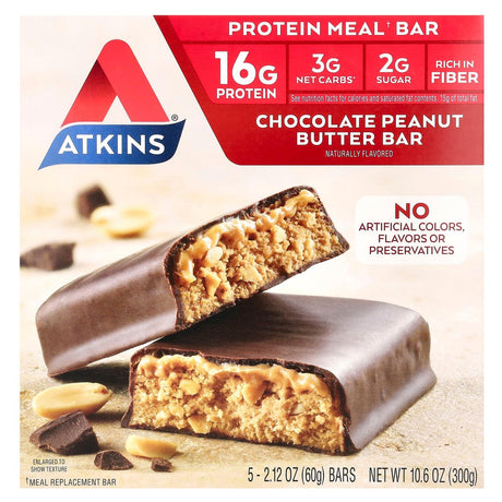 Atkins, Protein Meal Bar, Chocolate Peanut Butter , 5 Bars, 2.12 oz (60 g) Each - Supply Center USA