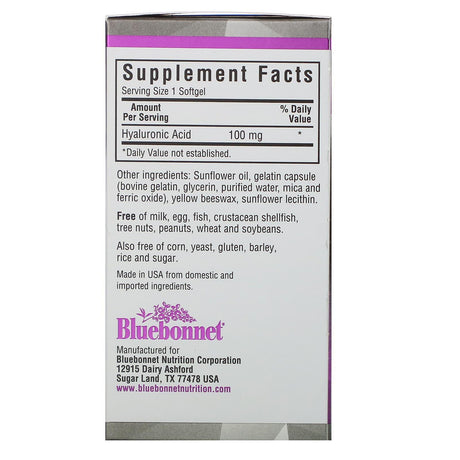 Bluebonnet Nutrition, Beautiful Ally, Hyaluronic Acid, 100 mg, 90 Softgels - Supply Center USA