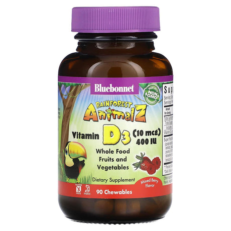 Bluebonnet Nutrition, Rainforest Animalz, Vitamin D3, Mixed Berry , 400 IU, 90 Chewables - Supply Center USA