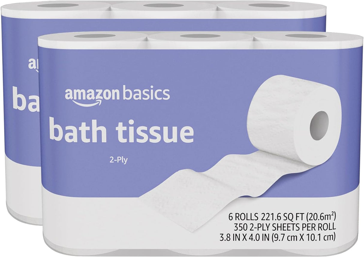 Amazon Basics 2-Ply Toilet Paper, 30 Rolls = 120 Regular Rolls, 350 Sheets, (Pack of 30), Unscented
