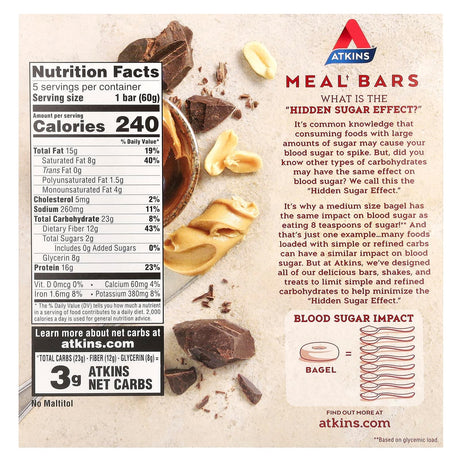 Atkins, Protein Meal Bar, Chocolate Peanut Butter , 5 Bars, 2.12 oz (60 g) Each - Supply Center USA