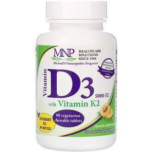 Michael's Naturopathic, Vitamin D3 with Vitamin K2, Natural Apricot Flavor, 125 mcg (5,000 IU), 90 Vegetarian Chewable Tablets - Supply Center USA