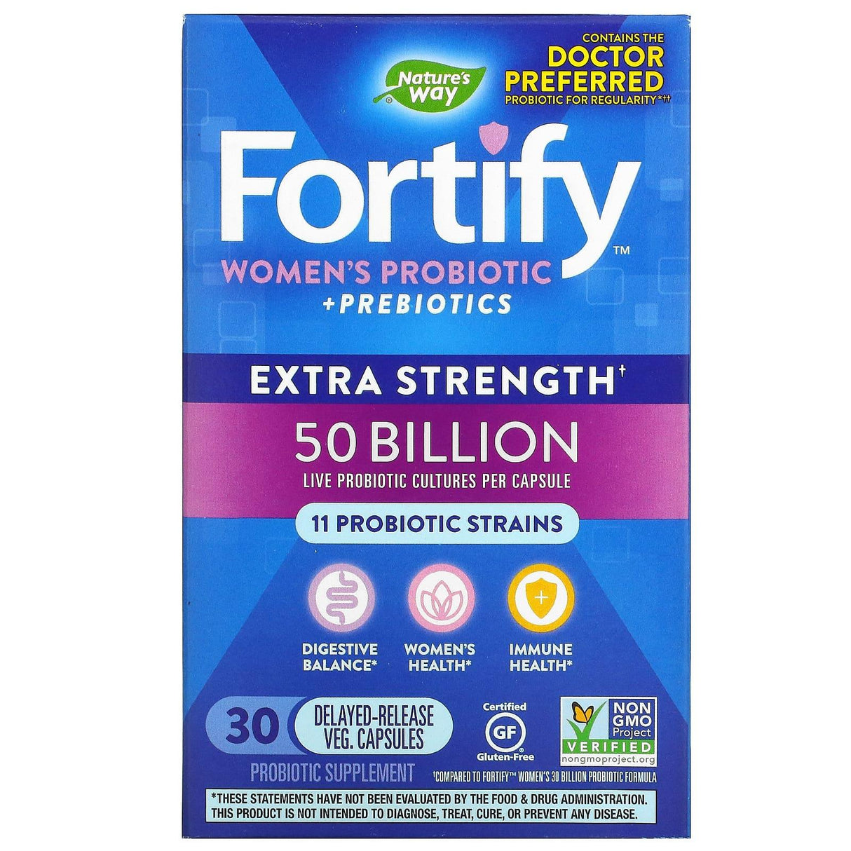 Nature's Way, Fortify Women's Probiotic + Prebiotics, Extra Strength, 50 Billion, 30 Delayed-Release Veg. Capsules - Supply Center USA