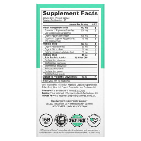 Physician's Choice, Thin 30 Probiotic, 15 Billion, 30 Delayed-Release Veggie Capsules - Supply Center USA