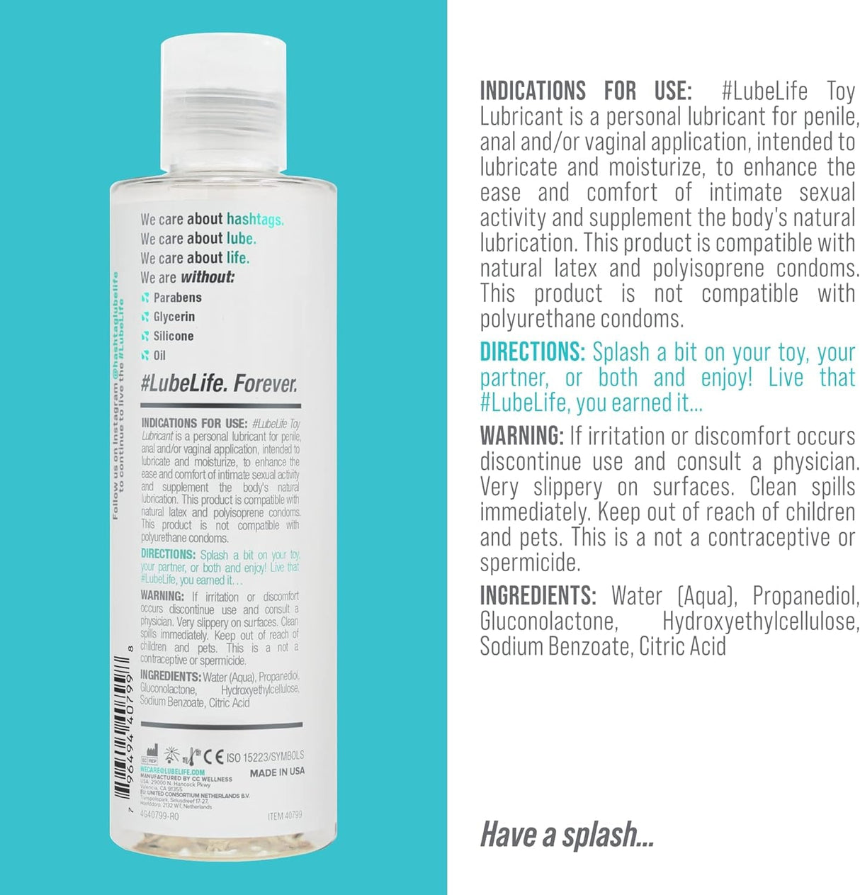 Lube Life Water-Based Toy Lubricant, Toy-Safe Lube for Men, Women and Couples, Non-Staining, 8 Fl Oz