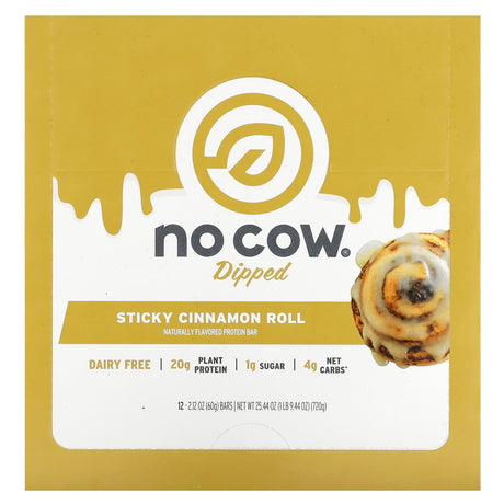 No Cow, Dipped Protein Bar, Sticky Cinnamon Roll, 12 Bars, 2.12 oz (60 g) Each - Supply Center USA