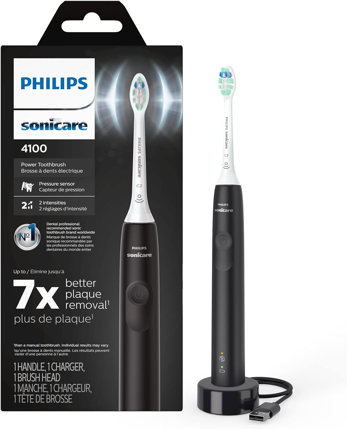 Philips Sonicare 4100 Rechargeable Electric Toothbrush, with Pressure Sensor, 2 Intensity Settings, Smartimer and Quadpacer, 14-Day Battery Life, Black, Model HX3681/24