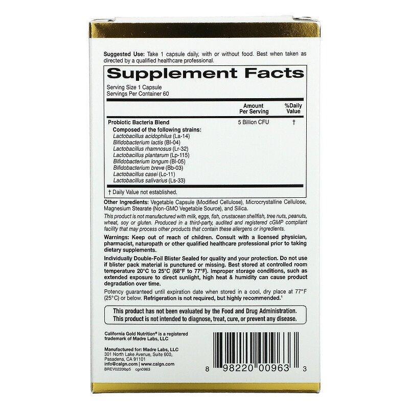 California Gold Nutrition, LactoBif Probiotics, 5 Billion CFU, 60 Veggie Capsules - Supply Center USA