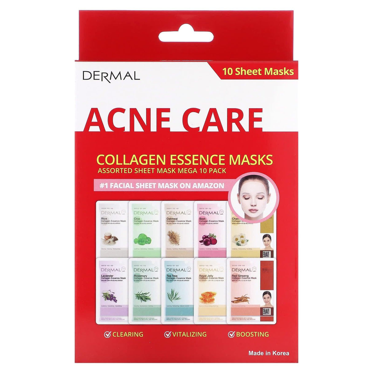 Dermal, Collagen Essence Beauty Masks, Acne Care, Assorted, 10 Sheet Masks, 0.81 oz (23 g) Each - Supply Center USA