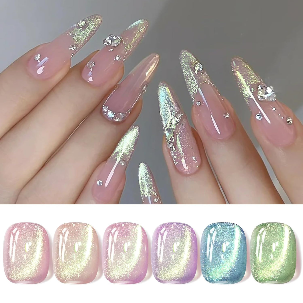 Born Pretty Cat Magnetic Eye Gel Nail Polish, Holographic Glitter Milky Jelly Cat Magnetic Gel Blue Green Purple Pink Nude Silver Nail Art Gel Manicure Salon DIY Gifts 7ML 6PCS