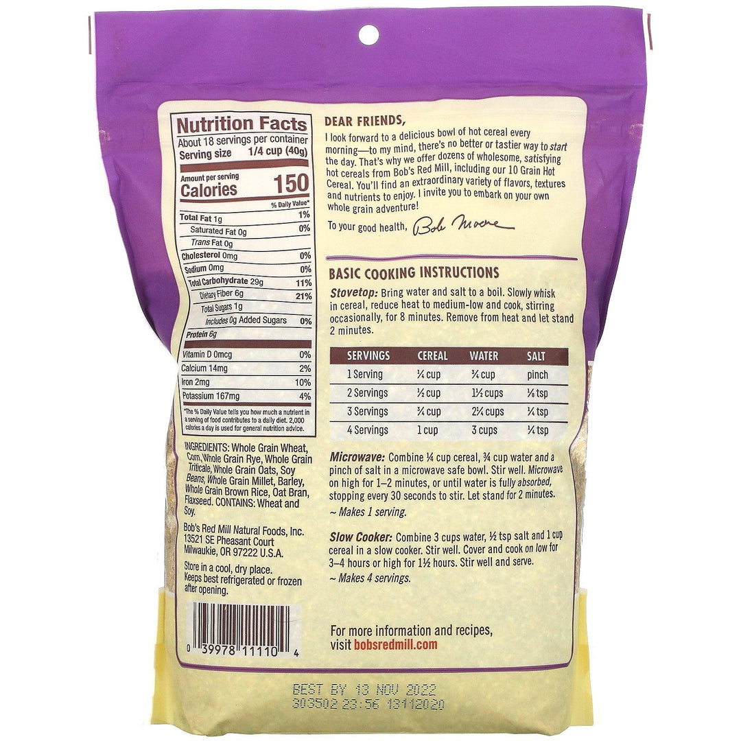 Bob's Red Mill, 10 Grain Hot Cereal, Whole Grain, 25 oz (709 g) - HealthCentralUSA