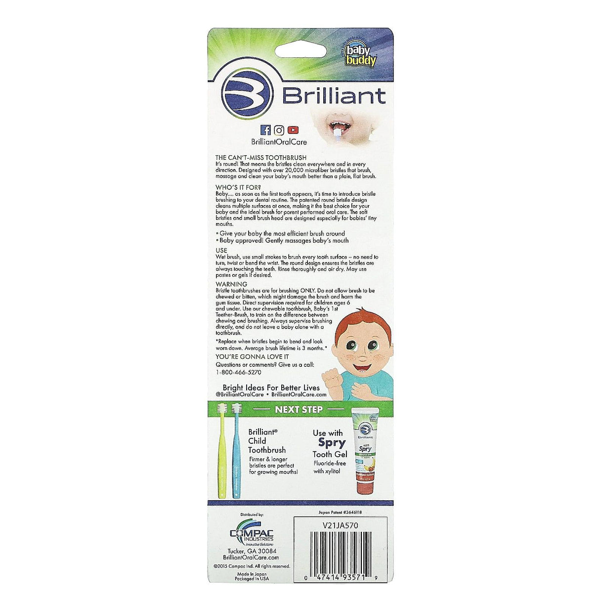 Baby Buddy, Brilliant, Baby Toothbrush, 4-24 Months, Blue, Mint, Yellow, 3 Toothbrushes - Supply Center USA