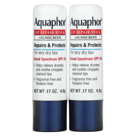 Aquaphor, Lip Repair Stick + Sunscreen, SPF 30, Fragrance Free, Dual Pack, 2 Sticks, 0.17 oz (4.8 g) Each - Supply Center USA