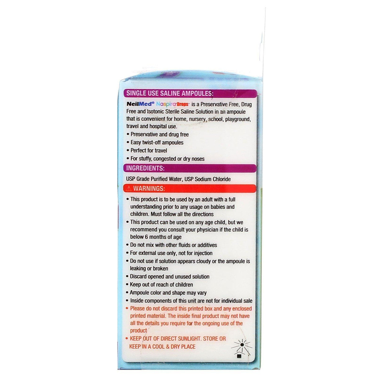 NeilMed, Naspira Drops, Babies & Kids, 12 Sterile Saline Ampoules, 0.034 fl oz (1 ml) Each - Supply Center USA