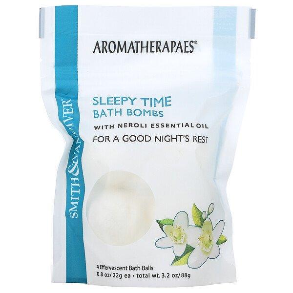 Smith & Vandiver, Sleepy Time Bath Bombs with Neroli Essential Oil, 4 Effervescent Bath Balls, 0.8 oz (22 g) Each - Supply Center USA