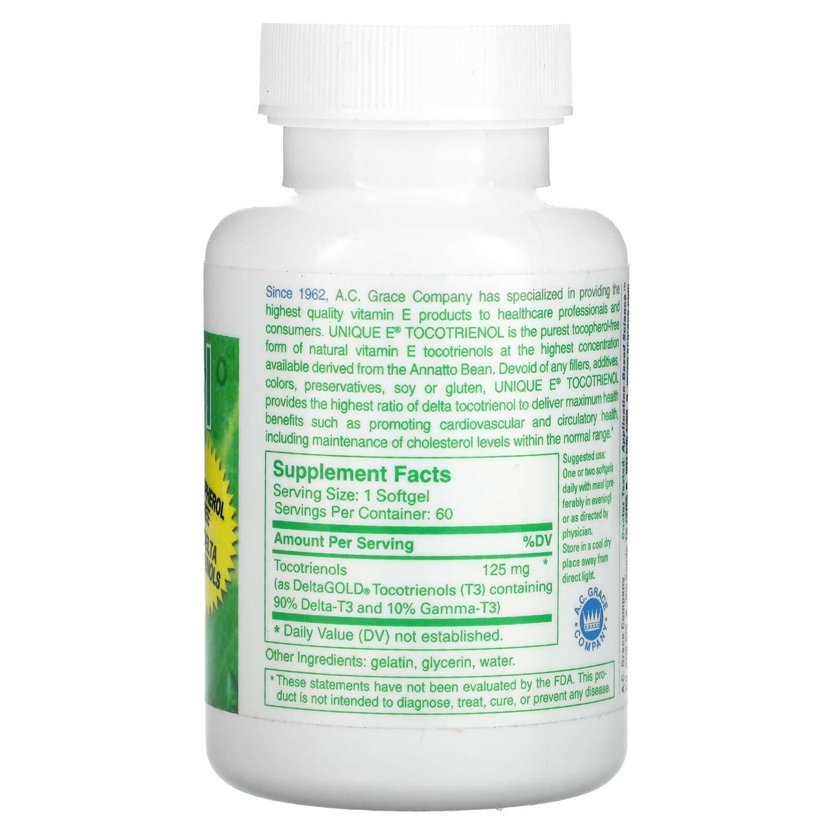 A.C. Grace Company, Unique E Tocotrienol, Tocopherol-Free, 60 Softgels - Supply Center USA