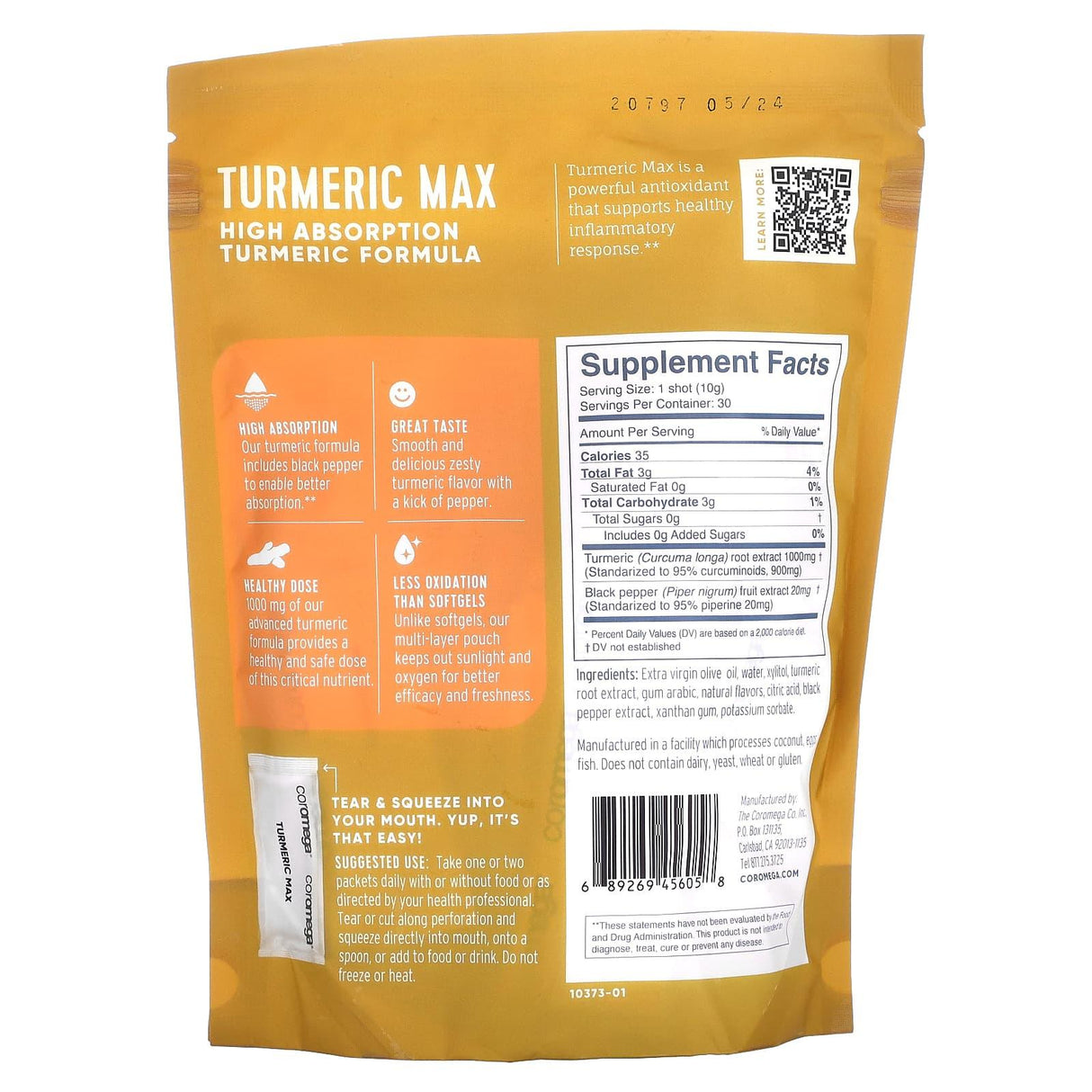 Coromega, Turmeric Max, Turmeric, 1,000 mg, 30 Individual Squeeze Packets, 10 g Each - Supply Center USA