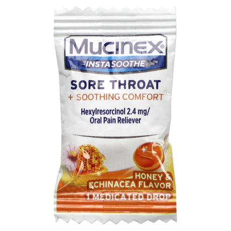 Mucinex, InstaSoothe, Sore Throat + Soothing Comfort, Honey & Echinacea, 40 Medicated Drops - Supply Center USA