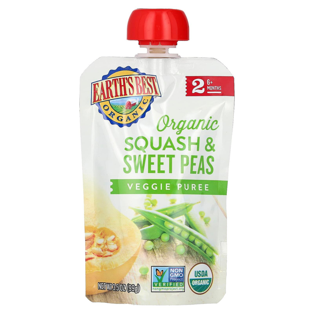 Earth's Best, Organic Veggie Puree, 6+ Months, Squash & Sweet Peas, 3.5 oz (99 g) - Supply Center USA