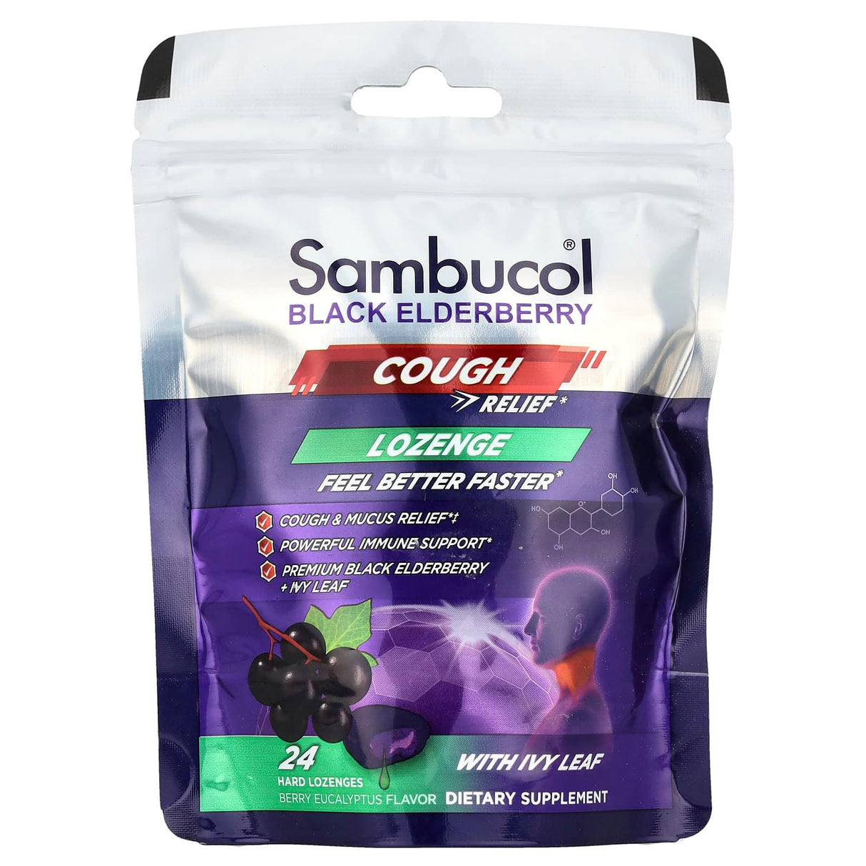 Sambucol, Black Elderberry, Cough Relief Lozenge With Ivy Leaf, Berry Eucalyptus, 24 Hard Lozenges - Supply Center USA