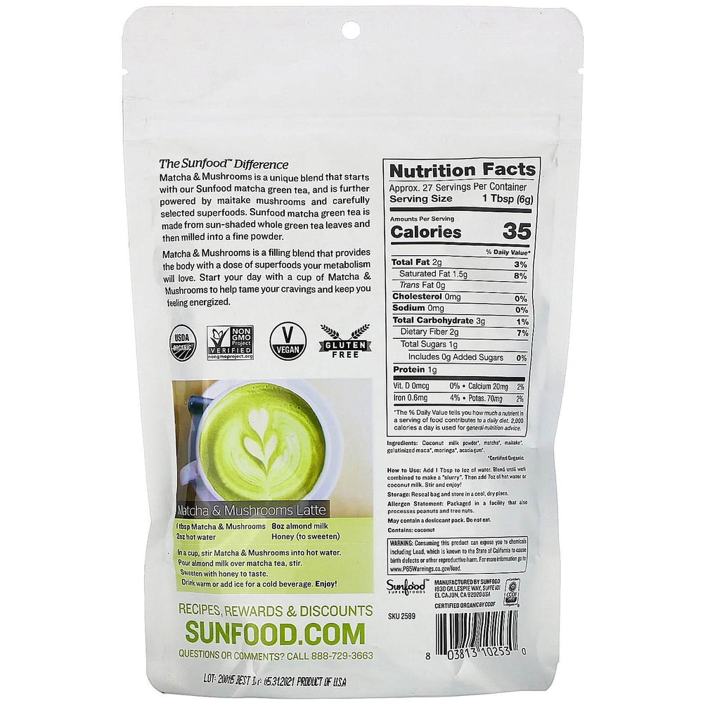 Sunfood, Superfoods, Organic Matcha & Mushrooms, 5.8 oz (165 g) - HealthCentralUSA