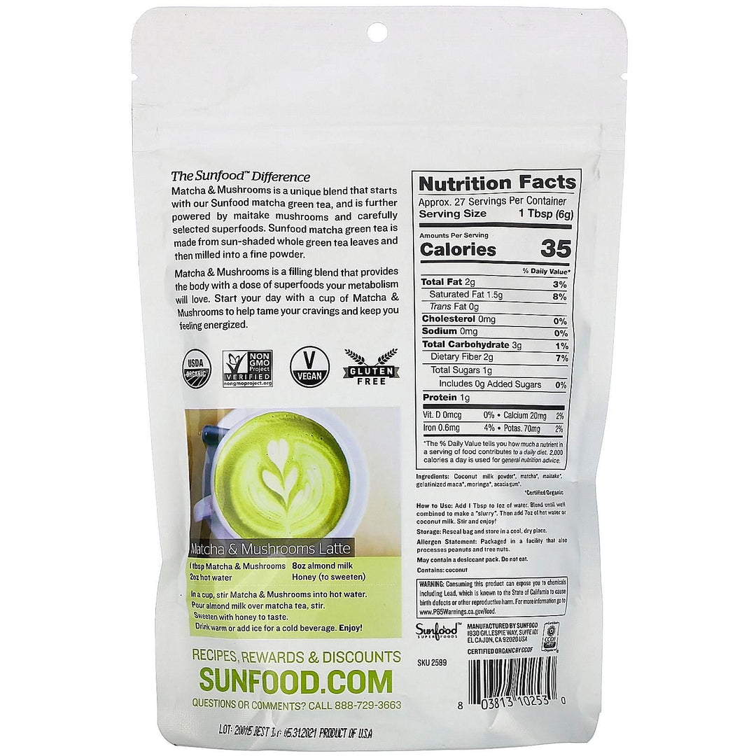 Sunfood, Superfoods, Organic Matcha & Mushrooms, 5.8 oz (165 g) - HealthCentralUSA