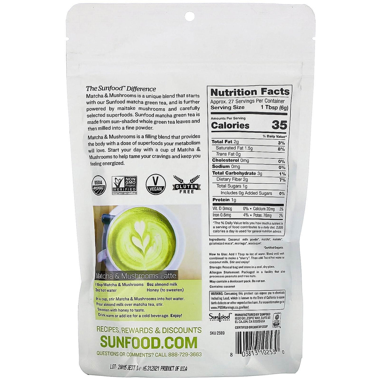 Sunfood, Superfoods, Organic Matcha & Mushrooms, 5.8 oz (165 g) - Supply Center USA