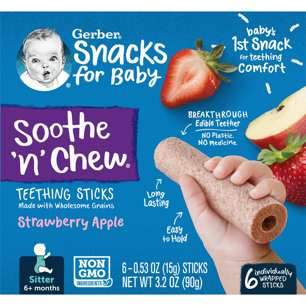 Gerber, Snacks for Baby, Soothe 'n' Chew, Teething Sticks, 6+ Months, Strawberry Apple, 6 Individually Wrapped Sticks, 0.53 oz (15 g) Each - Supply Center USA