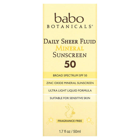 Babo Botanicals, Daily Sheer Fluid Mineral Sunscreen 50, Fragrance Free , 1.7 fl oz (50 ml) - Supply Center USA