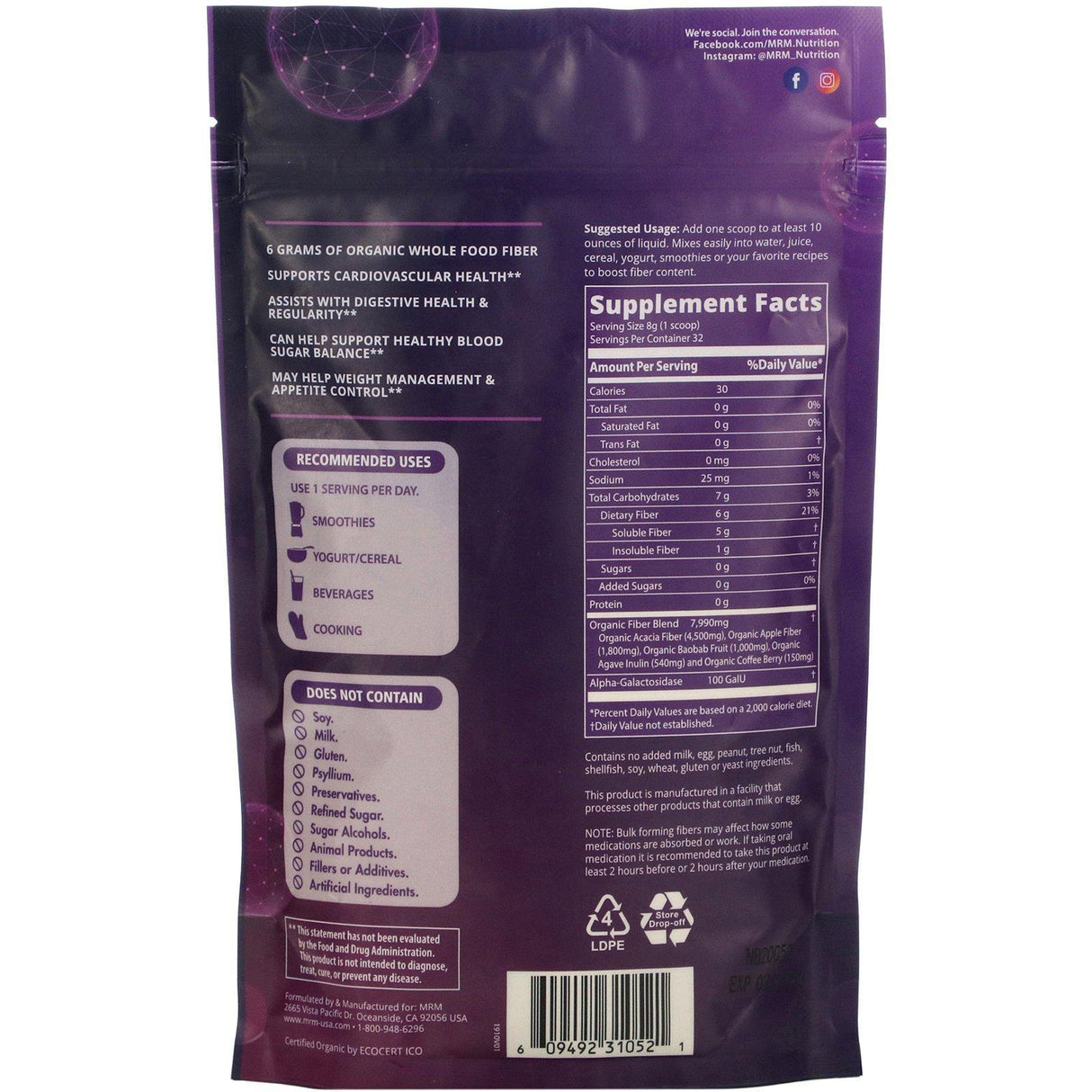 MRM, Whole Food, Organic Fiber with Enzymes and Prebiotics, 9.3 oz (256 g) - Supply Center USA