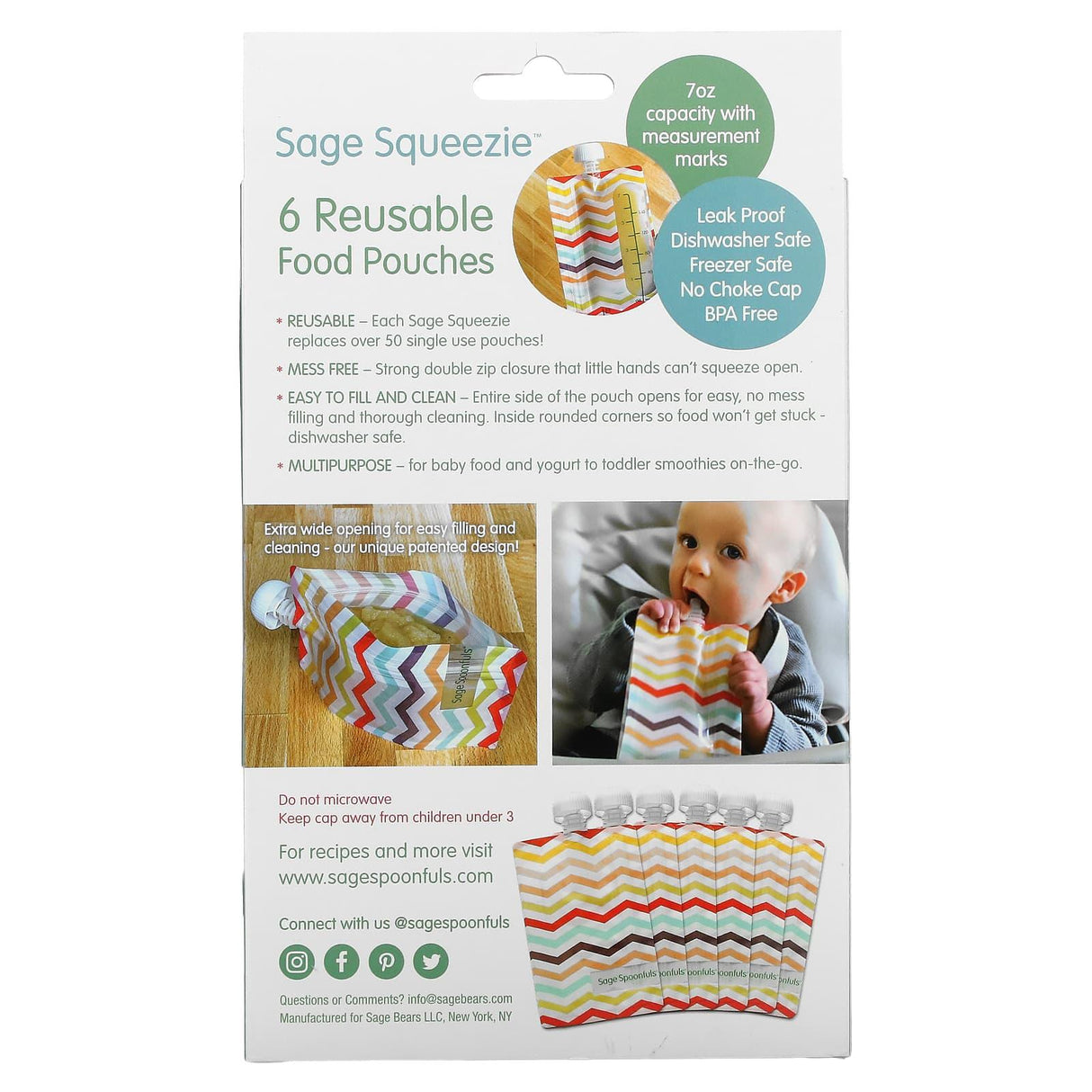 Sage Spoonfuls, Reusable Food Pouches, 4+ Months, 6 Pack - Supply Center USA