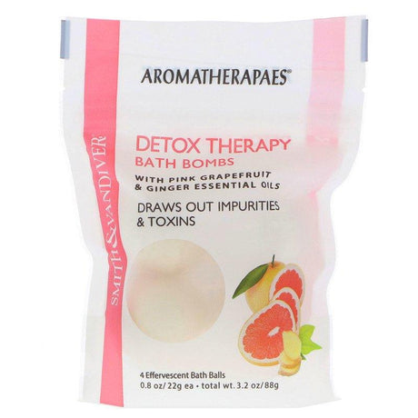 Smith & Vandiver, Detox Therapy Bath Bombs with Pink Grapefruit & Ginger Essential Oils, 4 Effervescent Bath Balls, 0.8 oz (22 g) Each - Supply Center USA