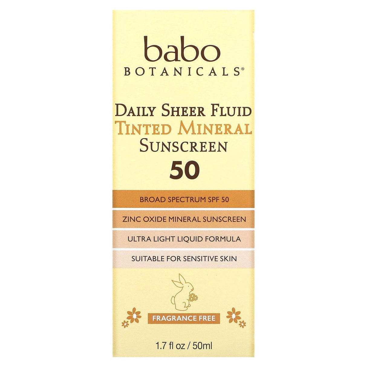 Babo Botanicals, Daily Sheer Fluid Tinted Mineral Sunscreen 50, Fragrance Free, 1.7 fl oz (50 ml) - Supply Center USA