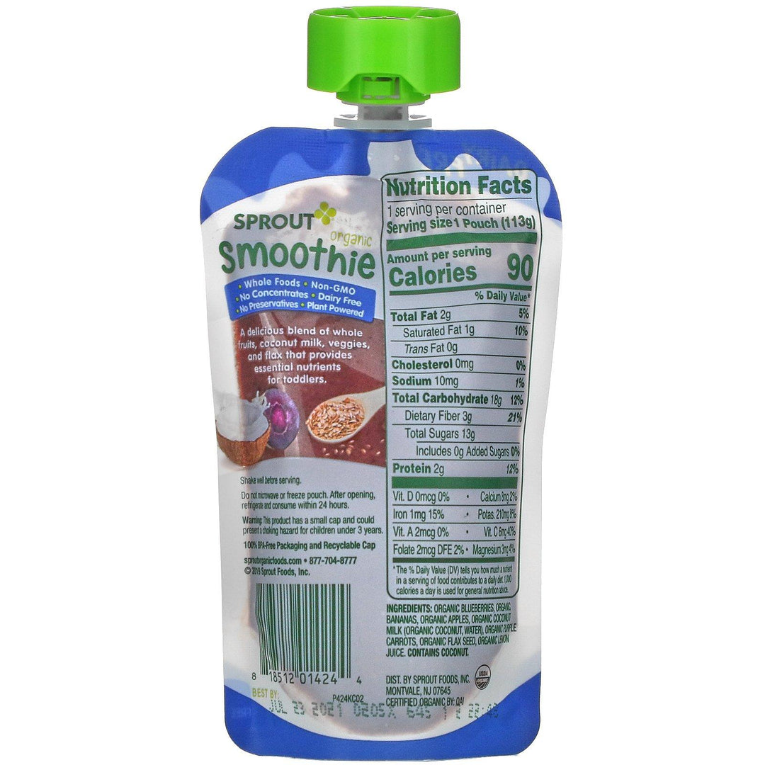 Sprout Organic, Organic Smoothie, Toddler, Blueberry Banana wit Coconut Milk Veggies & Flax Seed , 4 oz (113 g) - HealthCentralUSA