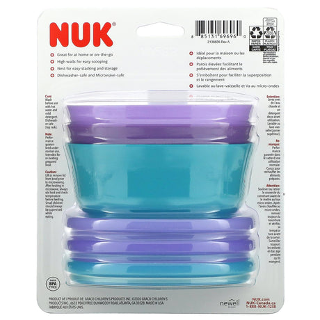 NUK, Stacking Bowls, 4+ Months, Purple & Teal, 3 Bowls + 3 Lids - Supply Center USA