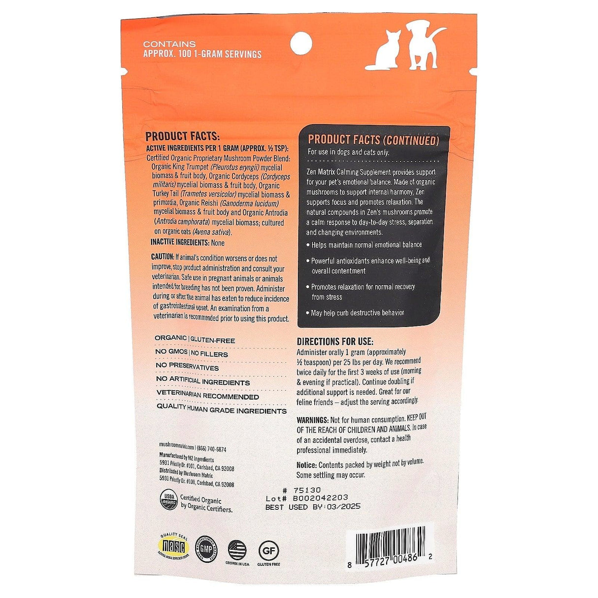 Mushroom Matrix Canine, Zen, Certified Organic Mushroom Powder, For 25 lb Pet, For Dogs and Cats, 3.5 oz (100 g) - Supply Center USA