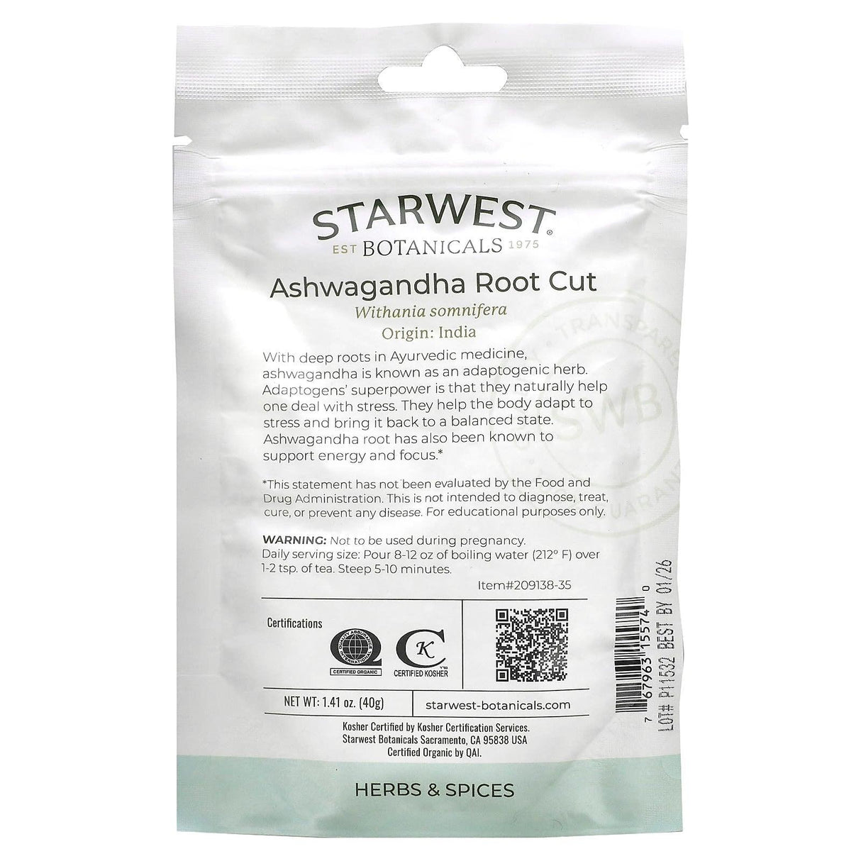 Starwest Botanicals, Organic Ashwagandha Root Cut, 1.41 oz (40 g) - Supply Center USA