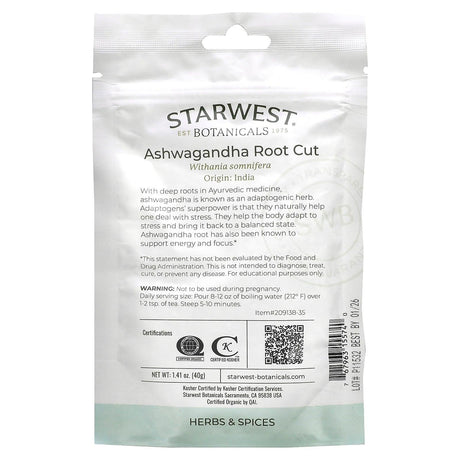 Starwest Botanicals, Organic Ashwagandha Root Cut, 1.41 oz (40 g) - Supply Center USA