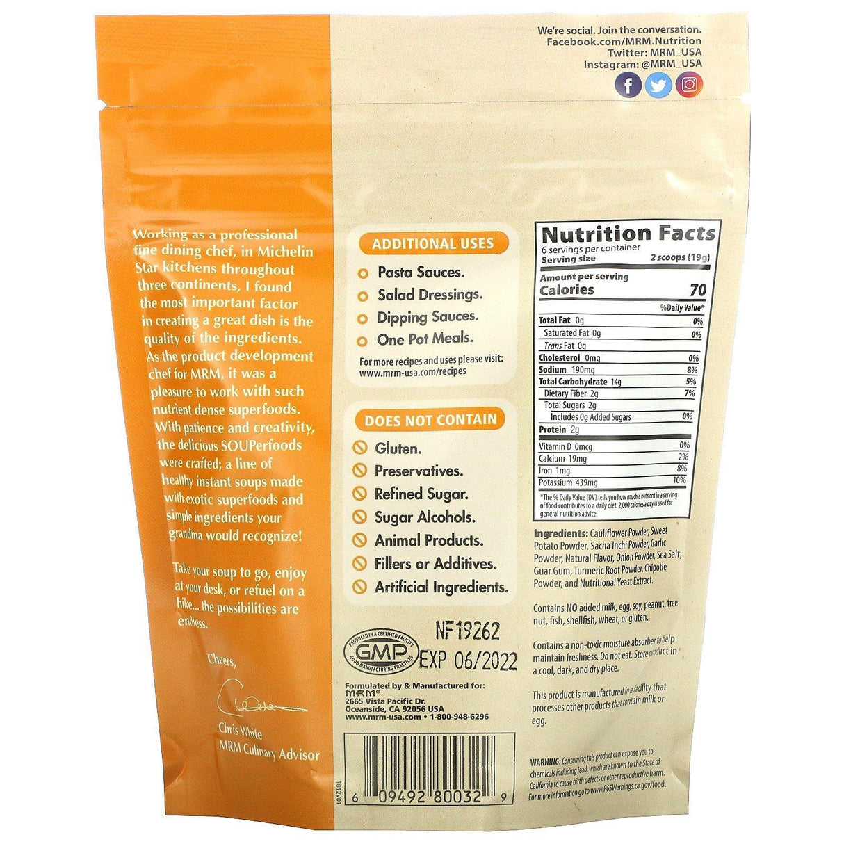 MRM, Souperfoods, Turmeric Cauliflower Soup, 4.0 oz (114 g) - Supply Center USA