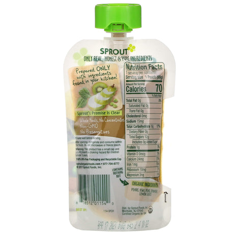 Sprout Organic, Baby Food, 6 Months & Up, Pear Kiwi Peas Spinach, 3.5 oz (99 g) - Supply Center USA