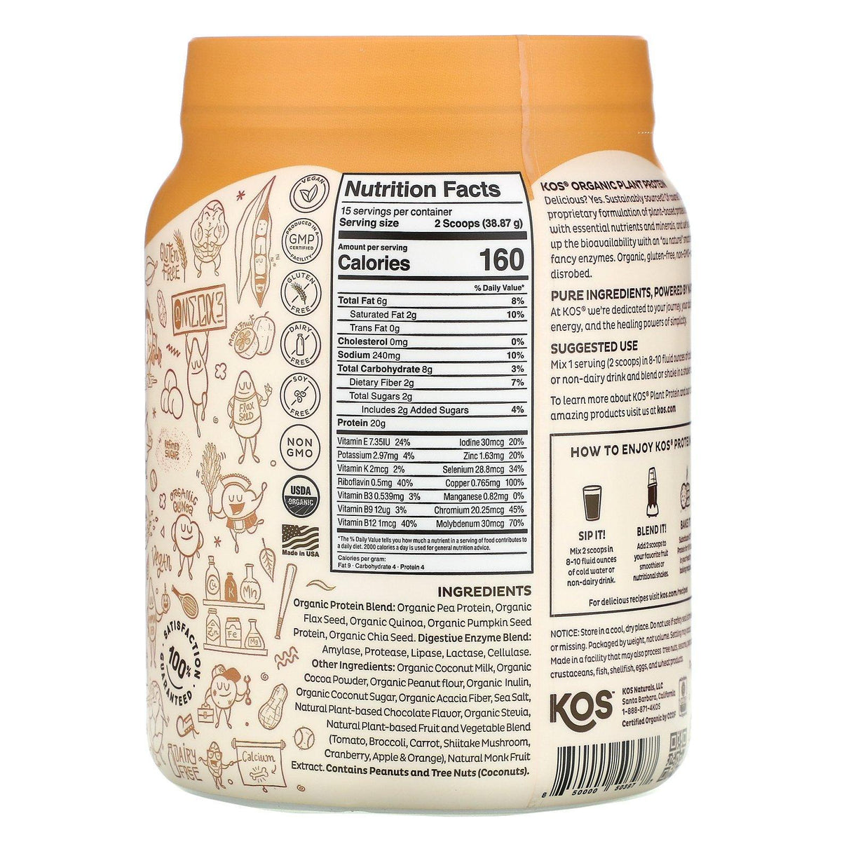 KOS, Organic Plant Protein, Chocolate Peanut Butter, 1.28 lb (583 g) - Supply Center USA