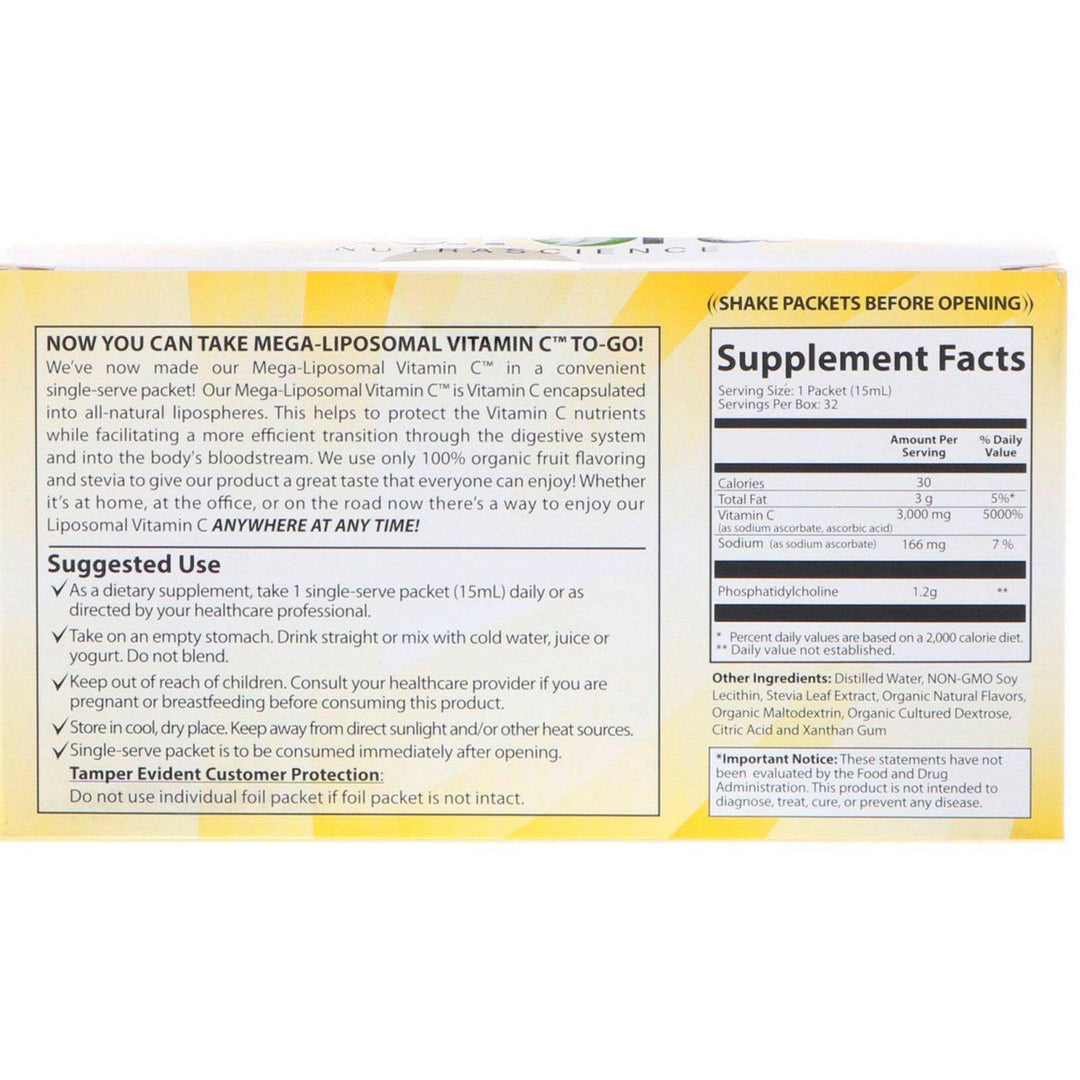 Aurora Nutrascience, Mega-Liposomal Vitamin C, 3,000 mg, 32 Single-Serve Liquid Packets, 0.5 fl oz (15 ml) Each - HealthCentralUSA