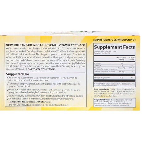 Aurora Nutrascience, Mega-Liposomal Vitamin C, 3,000 mg, 32 Single-Serve Liquid Packets, 0.5 fl oz (15 ml) Each - Supply Center USA